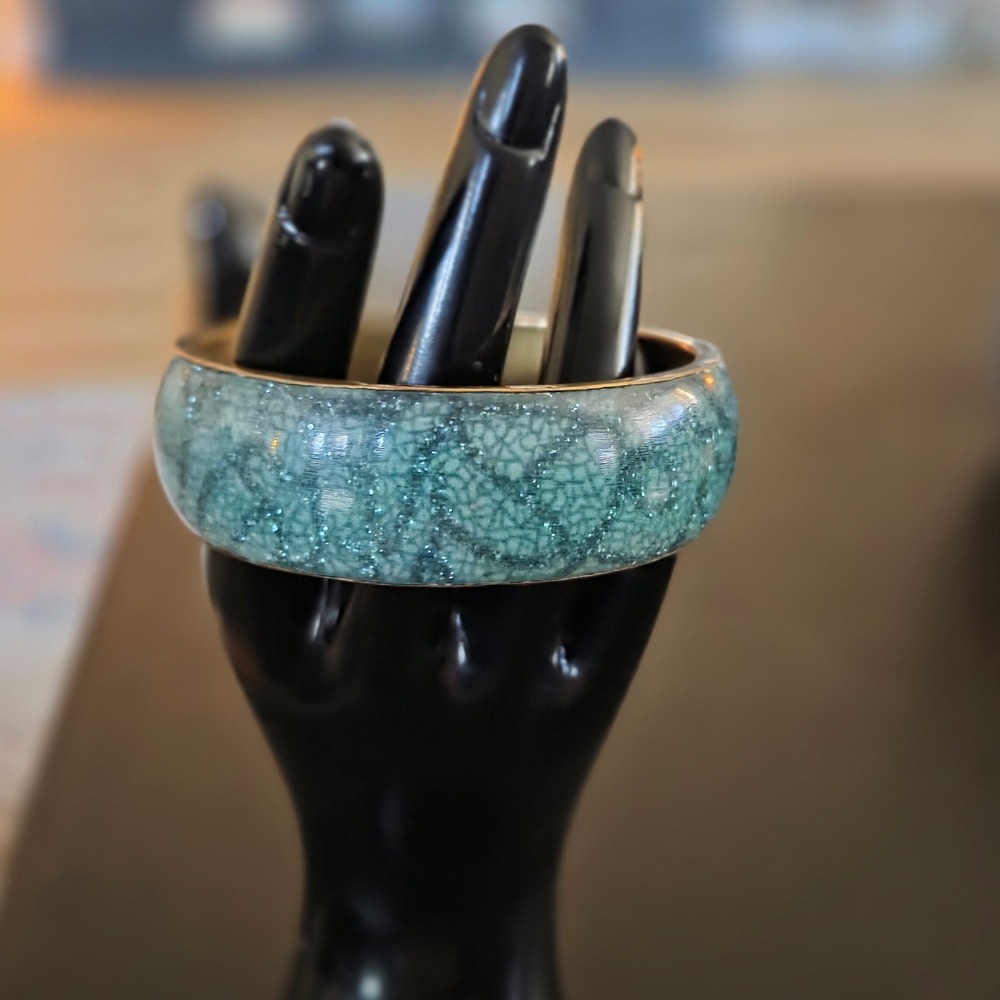Vintage Teal Crackle Glitter Bangle Bracelet Brass Wide Statement Boho